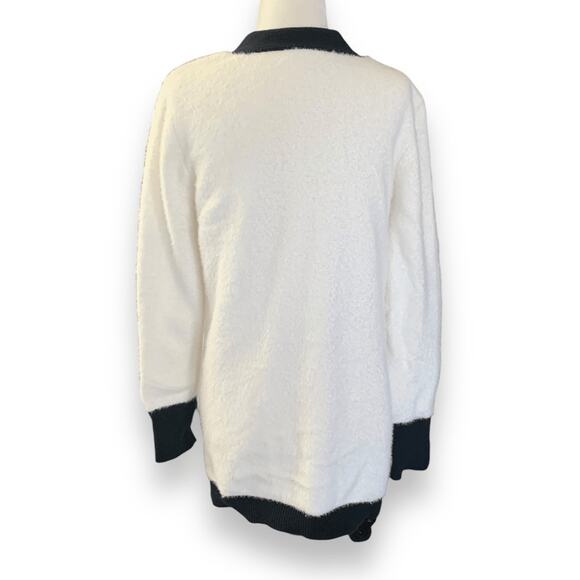 Boston Proper White Black Gold Button Colorblock V Neck Cardigan XS Fuzzy Plush - Picture 7 of 12